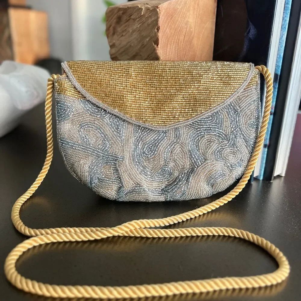 Vintage Beaded Evening Bag with Gold-Tone Cord Strap
